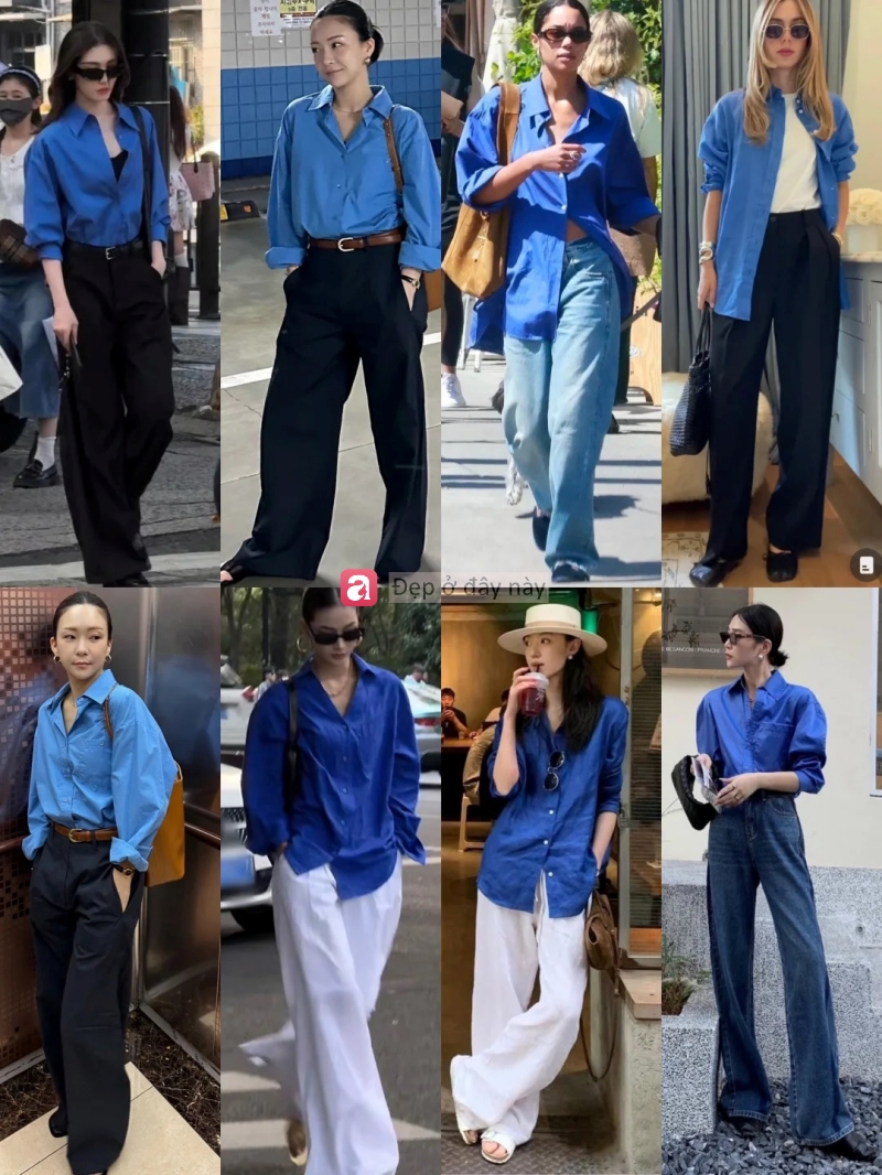 Kh&ocirc;ng cần cố: Chỉ sơ mi xanh v&agrave; quần ống rộng cũng đủ tạo thần th&aacute;i ri&ecirc;ng - Ảnh 1.