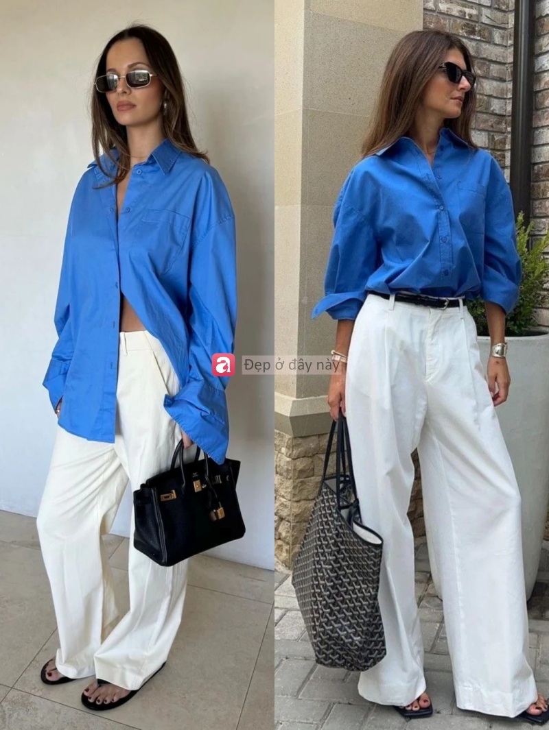 Kh&ocirc;ng cần cố: Chỉ sơ mi xanh v&agrave; quần ống rộng cũng đủ tạo thần th&aacute;i ri&ecirc;ng - Ảnh 2.