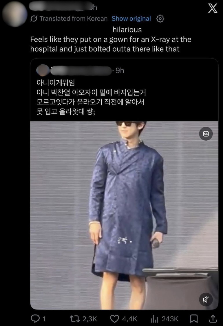 Chanyeol (EXO) mặc &aacute;o d&agrave;i c&ugrave;ng quần short: L&agrave;n s&oacute;ng phẫn nộ d&acirc;ng cao, người H&agrave;n Quốc cũng cười cợt- Ảnh 6.