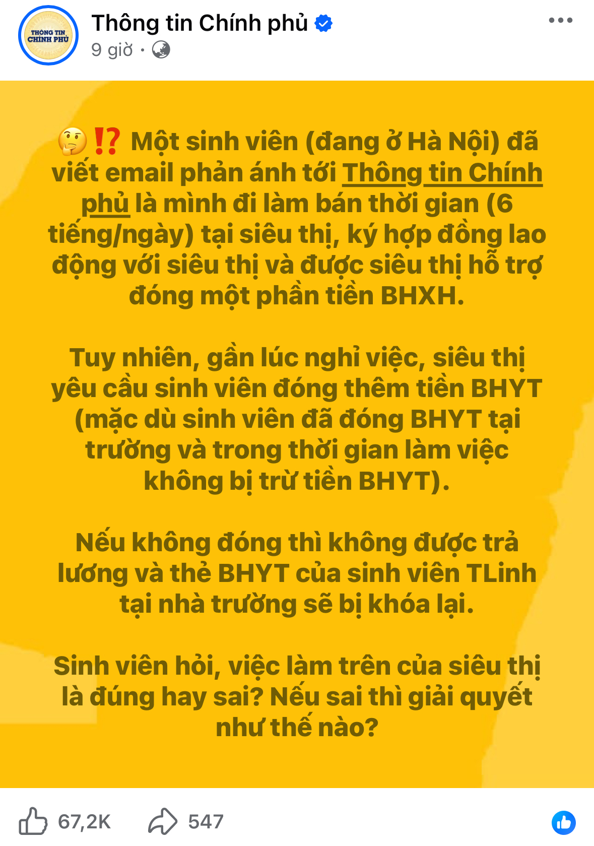 Sinh vi&ecirc;n H&agrave; Nội email &ldquo;cầu cứu&rdquo; fanpage Th&ocirc;ng tin Ch&iacute;nh phủ: Đi l&agrave;m th&ecirc;m bị &eacute;p đ&oacute;ng th&ecirc;m tiền BHYT, dọa giữ lương khi nghỉ việc- Ảnh 1.