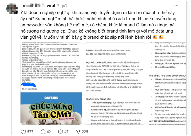 H&atilde;ng sữa Oatside Việt Nam bị chỉ tr&iacute;ch khi đăng tuyển CMO h&uacute;t 100 ứng vi&ecirc;n, cuối c&ugrave;ng c&ocirc;ng bố "Gi&aacute;m đốc điều h&agrave;nh" 4 tuổi, như đ&ugrave;a!- Ảnh 6.