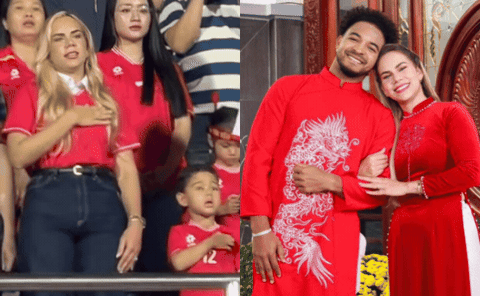 Đ&aacute;ng y&ecirc;u v&ocirc; c&ugrave;ng: Vợ con Xu&acirc;n Son c&ugrave;ng đặt tay l&ecirc;n ngực tr&aacute;i, h&aacute;t Quốc ca Việt Nam đầy tự h&agrave;o tr&ecirc;n kh&aacute;n đ&agrave;i!- Ảnh 1.