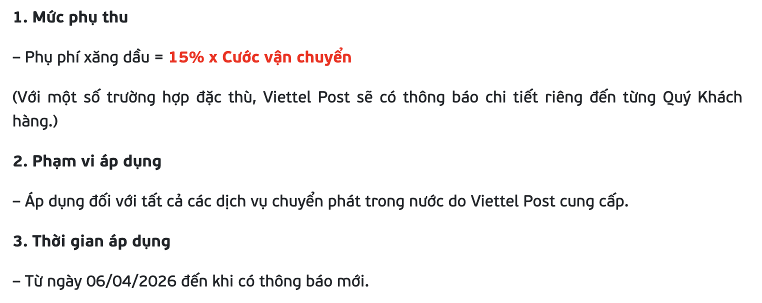 Viettel Post th&ocirc;ng b&aacute;o tăng phụ ph&iacute; xăng dầu từ 6/4, mức cụ thể ra sao?- Ảnh 1.