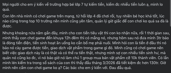 Con trai lớp 7 kiếm hơn 130 triệu đồng từ c&agrave;y game, mẹ đ&ograve;i cấm v&igrave; sợ con hư v&agrave; lời khuy&ecirc;n từ chuy&ecirc;n gia- Ảnh 1.
