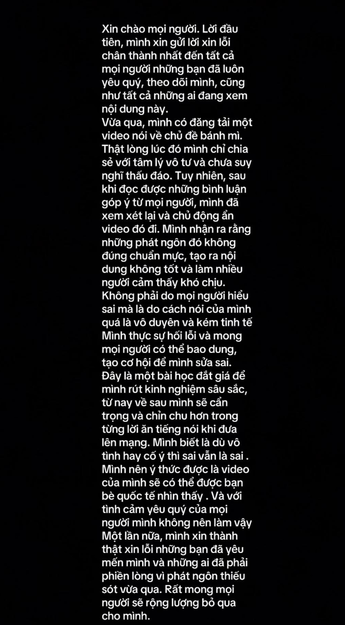 Ph&aacute;t ng&ocirc;n &ldquo;chỉ đ&oacute;i kh&aacute;t, khổ cực mới ăn b&aacute;nh m&igrave;&rdquo;: TikToker 3,1 triệu followers xin lỗi, thừa nhận m&igrave;nh v&ocirc; duy&ecirc;n- Ảnh 3.