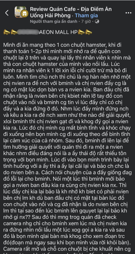 Kh&aacute;ch phản &aacute;nh sự cố hy hữu &ldquo;bị nh&acirc;n vi&ecirc;n cho chuột hamster v&agrave;o nồi lẩu&rdquo;, nh&agrave; h&agrave;ng ở Aeon Mall Hải Ph&ograve;ng n&oacute;i g&igrave;?- Ảnh 1.