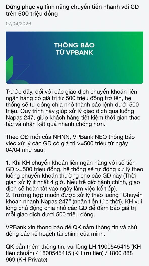VPBank thông báo dừng tính năng chuyển tiền nhanh với giao dịch trên 500 triệu đồng: Khách hàng chú ý!- Ảnh 1. VPBank thông báo dừng tính năng chuyển tiền nhanh với giao dịch trên 500 triệu đồng: Khách hàng chú ý!- Ảnh 1.