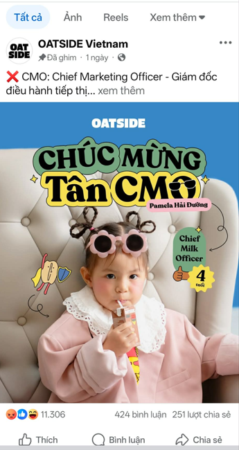 Oatside sử dụng hình ảnh bé Pamela Hải Đường quảng cáo sữa hạt.