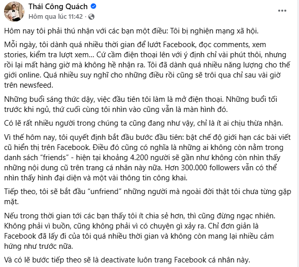 Động th&aacute;i mới của NTK Qu&aacute;ch Th&aacute;i C&ocirc;ng sau khi xo&aacute; sạch dấu vết tr&ecirc;n MXH- Ảnh 2.