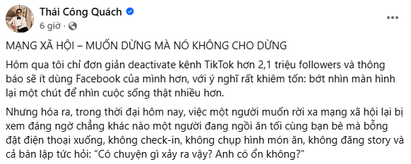 Động th&aacute;i mới của NTK Qu&aacute;ch Th&aacute;i C&ocirc;ng sau khi xo&aacute; sạch dấu vết tr&ecirc;n MXH- Ảnh 3.