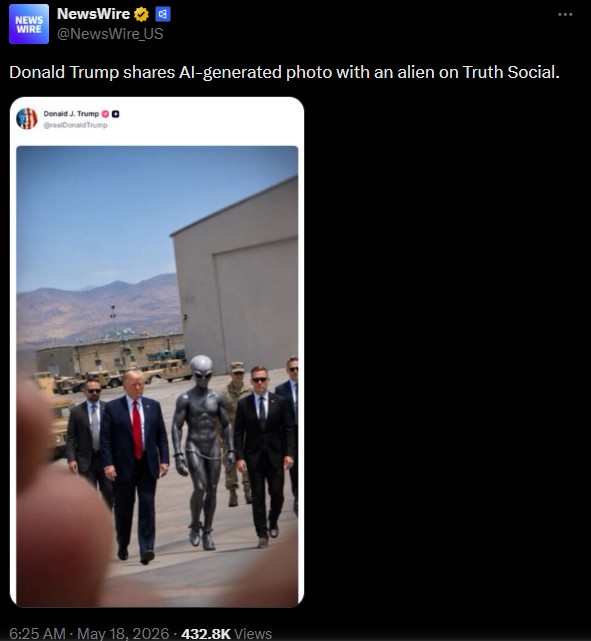 Sau hồ sơ UFO của Bộ Chiến tranh Mỹ, &ocirc;ng Trump bất ngờ đăng ảnh &ldquo;người ngo&agrave;i h&agrave;nh tinh&rdquo;: Thực hư ra sao?- Ảnh 1.