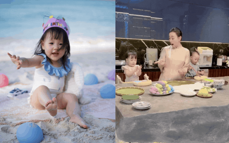 Phương Oanh khoe cận gương mặt của &aacute;i nữ, mắt to tr&ograve;n bầu bĩnh giống hệt mẹ, mới 2 tuổi đ&atilde; th&iacute;ch v&agrave;o nấu nướng c&ugrave;ng mẹ- Ảnh 1.