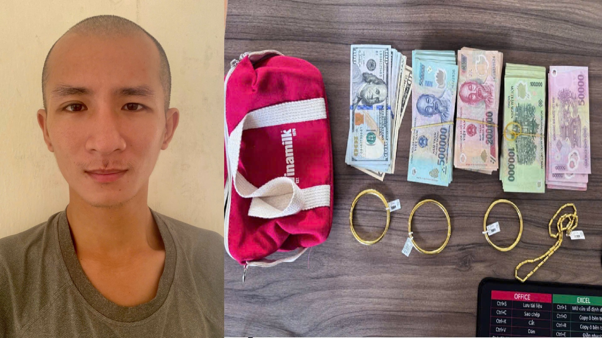 Bắt giữ Nguyễn Hoàng Nam cùng túi vàng 24K, 1.510 USD và hơn 106 triệu đồng- Ảnh 1. Bắt giữ Nguyễn Hoàng Nam cùng túi vàng 24K, 1.510 USD và hơn 106 triệu đồng- Ảnh 1.