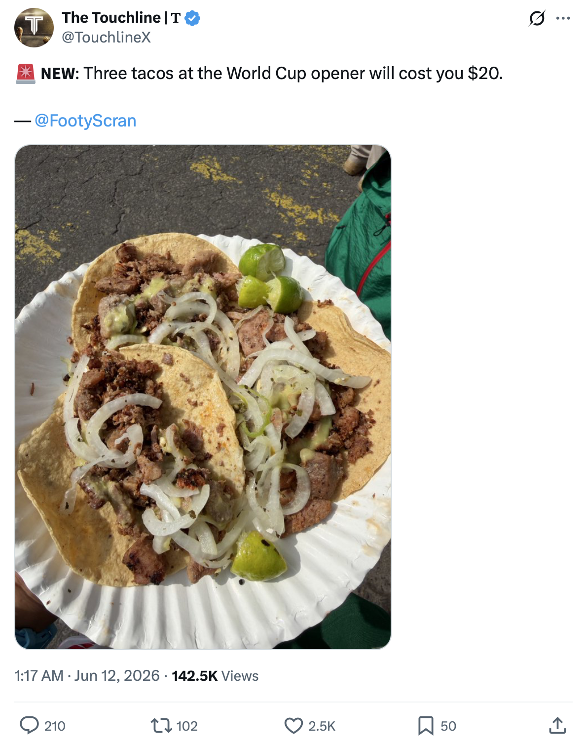 Cướp đ&ecirc;m l&agrave; giặc, "cướp ng&agrave;y" l&agrave; taco ở World Cup 2026: M&oacute;n ăn b&igrave;nh d&acirc;n của Mexico được "thổi" gi&aacute; gấp 12 lần ngay tr&ecirc;n s&acirc;n nh&agrave;! - Ảnh 2.