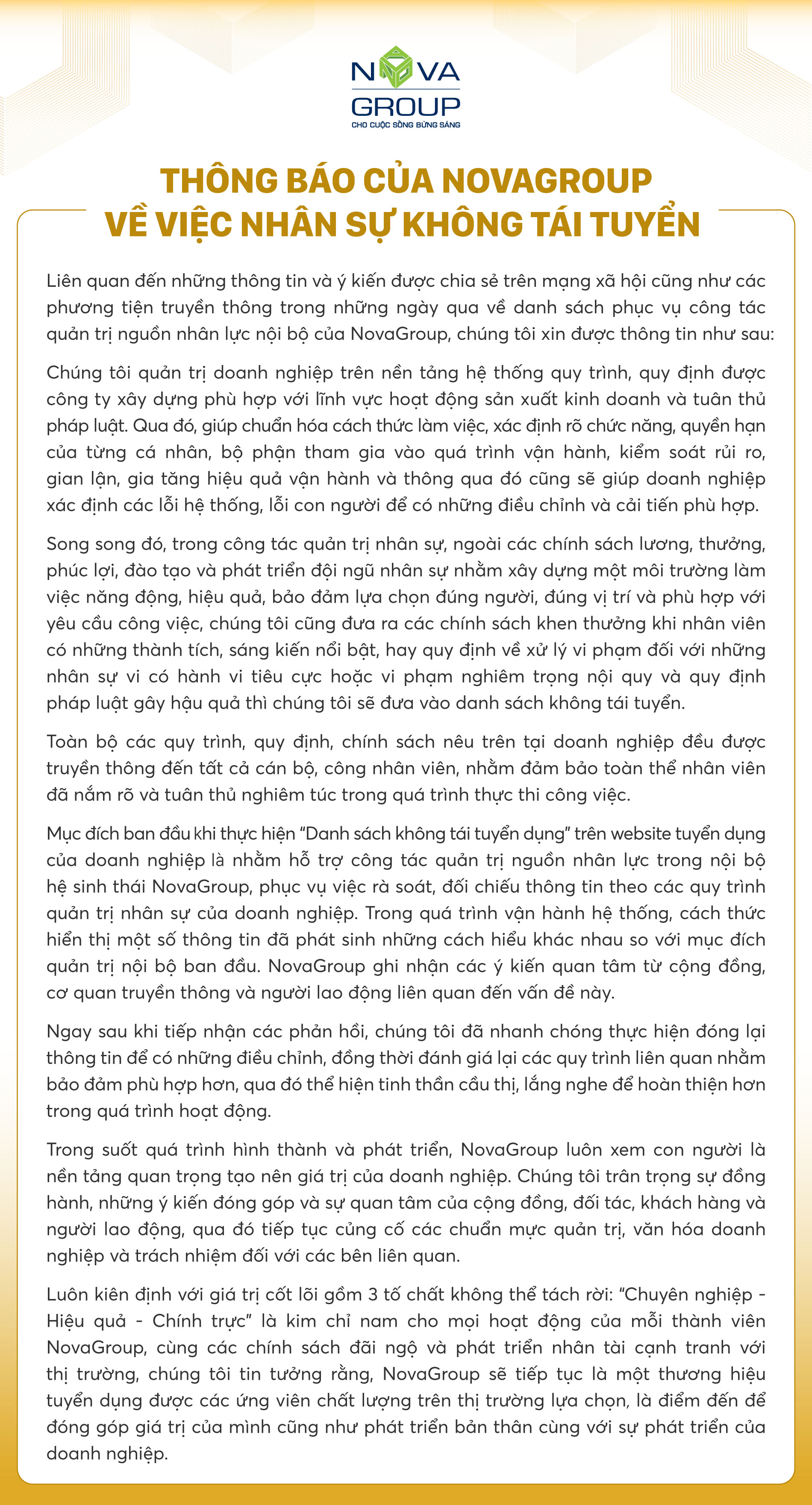 Vụ danh s&aacute;ch &ldquo;Kh&ocirc;ng t&aacute;i tuyển dụng&rdquo; 420 nh&acirc;n sự x&ocirc;n xao: NovaGroup ch&iacute;nh thức l&ecirc;n tiếng phản hồi- Ảnh 2.