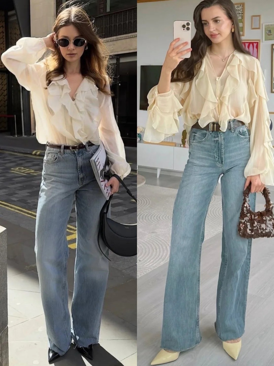  Áo blouse bèo nhún phối quần jeans, sự tương phản ngọt ngào và cá tính.