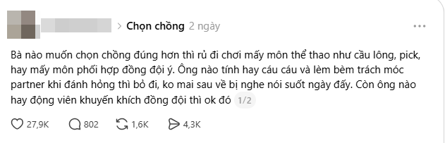 Tips chọn chồng đang lên xu hướng: Đừng chỉ rủ đi ăn sang, kéo nhau ra sân cầu lông, pickleball... nhiều thứ lộ nhanh gấp 10 lần- Ảnh 1. Tips chọn chồng đang lên xu hướng: Đừng chỉ rủ đi ăn sang, kéo nhau ra sân cầu lông, pickleball... nhiều thứ lộ nhanh gấp 10 lần- Ảnh 1.