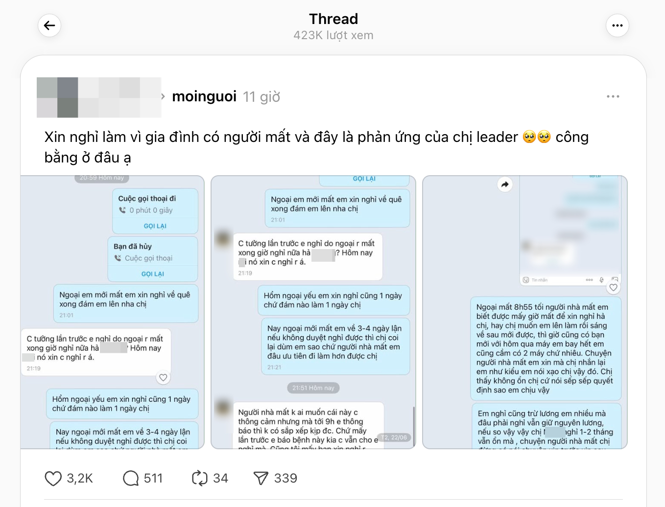 Nhắn tin xin nghỉ v&igrave; b&agrave; ngoại mất nhưng sếp kh&ocirc;ng cho: Viral v&igrave; ai cũng n&oacute;i &ldquo;thương chị sếp&rdquo;- Ảnh 1.