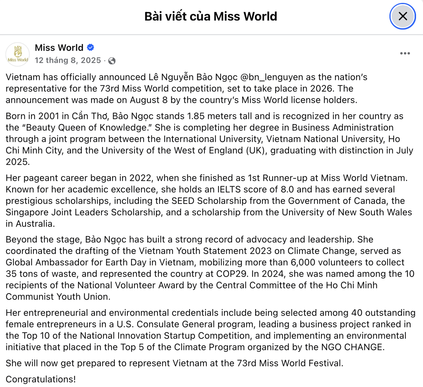 X&ocirc;n xao tin đồn về động th&aacute;i của Miss World giữa ồn &agrave;o Bảo Ngọc "ph&ocirc;ng bạt"- Ảnh 2.