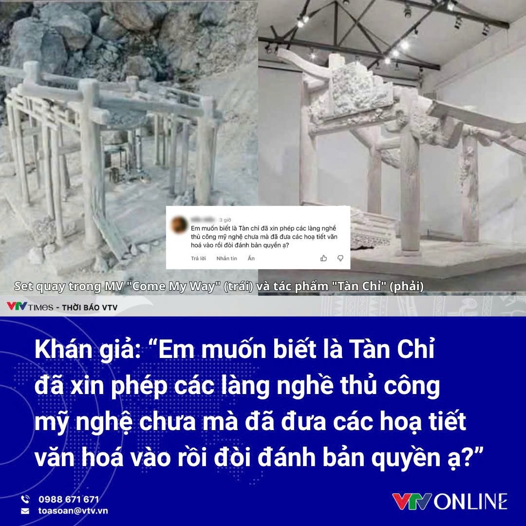 Fanpage B&aacute;o Điện tử VTV hỏi hộ netizen: &ldquo;T&agrave;n Chỉ xin ph&eacute;p c&aacute;c l&agrave;ng nghề thủ c&ocirc;ng chưa m&agrave; đưa họa tiết văn h&oacute;a v&agrave;o rồi đ&ograve;i đ&aacute;nh bản quyền?&rdquo;- Ảnh 1.