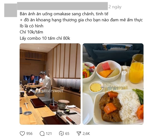 Ảnh ăn omakase, đi Park Hyatt Saigon, ngồi m&aacute;y bay khoang thương gia được rao b&aacute;n khắp Threads: Nhiều người chi 10k/tấm để up story "ph&ocirc;ng bạt"- Ảnh 1.