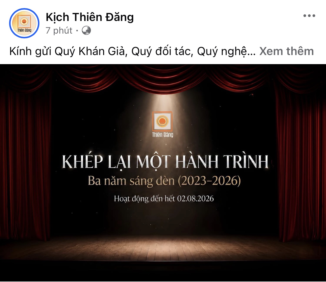 Sau th&ocirc;ng tin Th&agrave;nh Lộc rời đi, s&acirc;n khấu Thi&ecirc;n Đăng ch&iacute;nh thức th&ocirc;ng b&aacute;o đ&oacute;ng cửa- Ảnh 1.