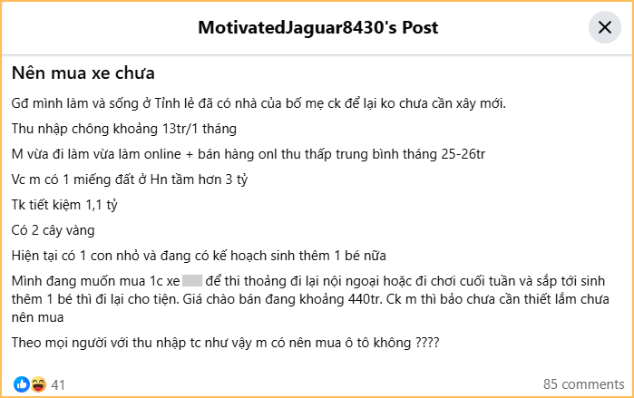 Thu nhập 39 triệu/tháng, tiết kiệm 2 cây vàng với hơn 1 tỷ đồng vẫn băn khoăn: Nên mua ô tô không?- Ảnh 1.