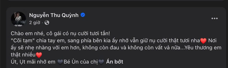 Diễn vi&ecirc;n Thu Quỳnh th&ocirc;ng b&aacute;o tin buồn- Ảnh 1.