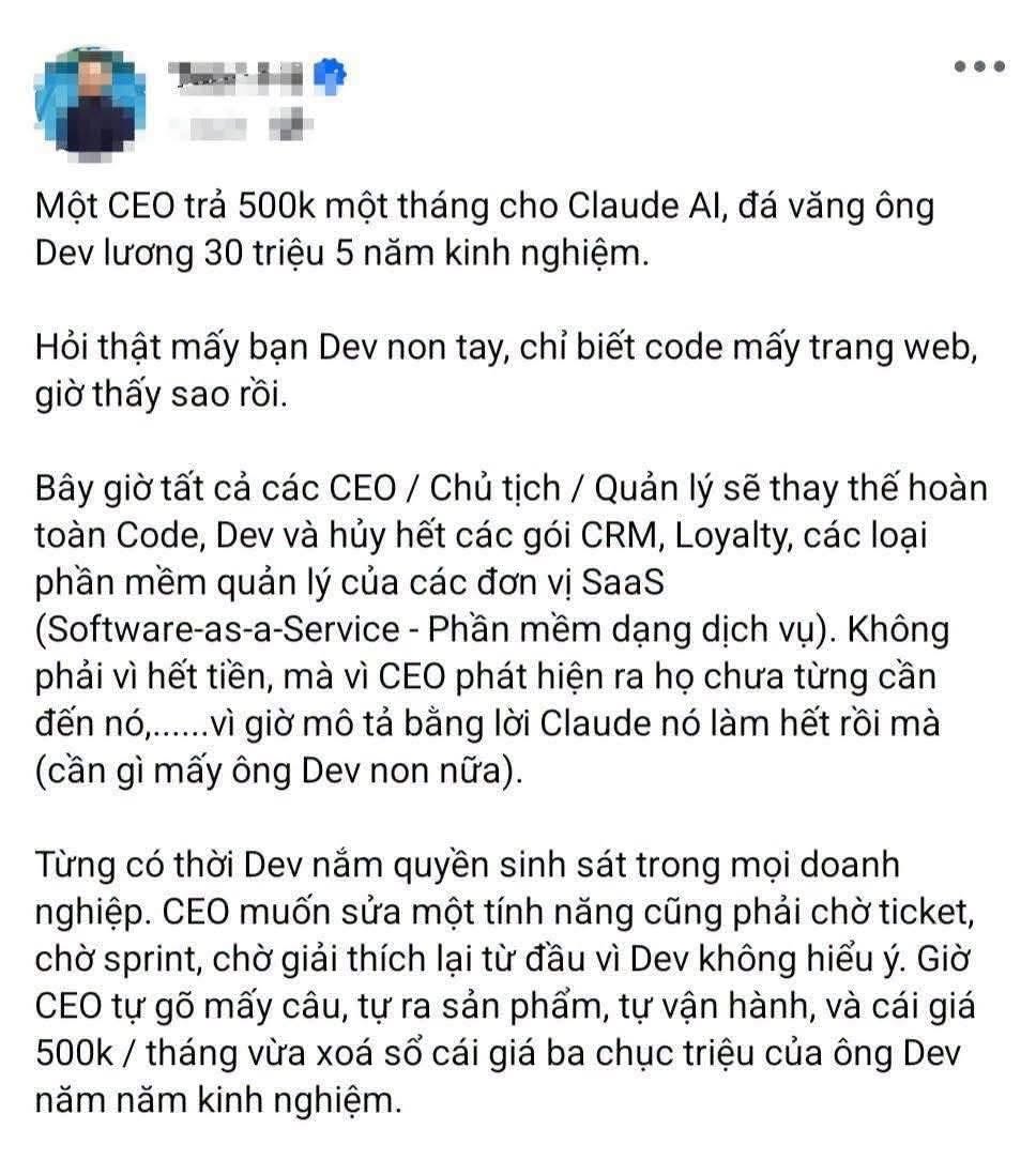 CEO Việt khoe dùng Claude AI giá 500.000 đồng thay lập trình viên lương 30 triệu và cái kết "đắng"- Ảnh 1.