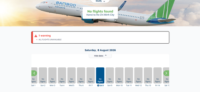 Website Bamboo Airways kh&ocirc;ng c&ograve;n hiển thị chuyến bay khả dụng trong th&aacute;ng 8 tr&ecirc;n nhiều đường bay- Ảnh 1.