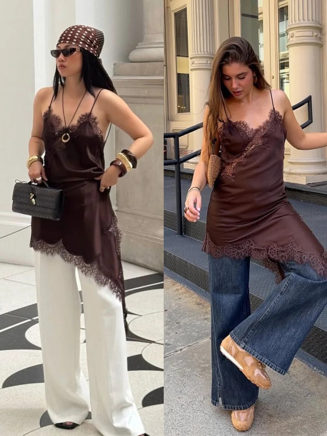 V&aacute;y hai d&acirc;y satin ren phối quần ống rộng: C&ocirc;ng thức mặc đẹp vừa nữ t&iacute;nh vừa c&oacute; chất "old money"- Ảnh 9.