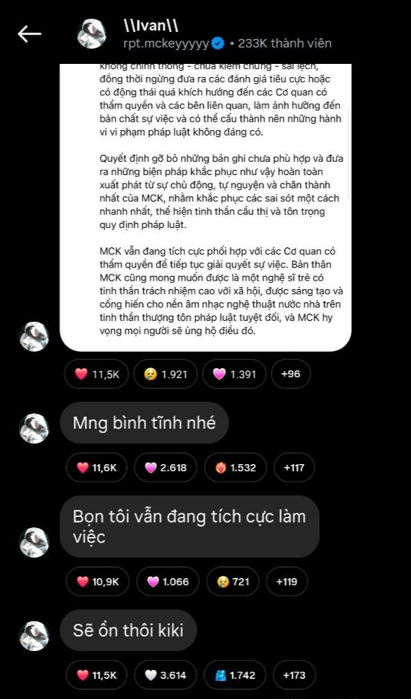 MCK lại l&ecirc;n tiếng: Khẳng định tự nguyện gỡ c&aacute;c bản ghi, y&ecirc;u cầu fan b&igrave;nh tĩnh- Ảnh 2.