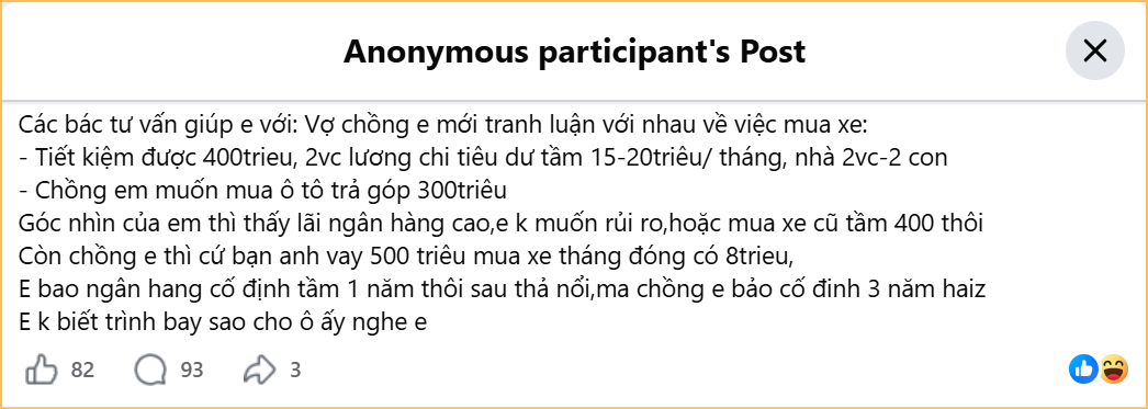 Vợ chồng lục đục vì 300 triệu vay mua ô tô, tính toán thế nào mà ai cũng cản?- Ảnh 1.