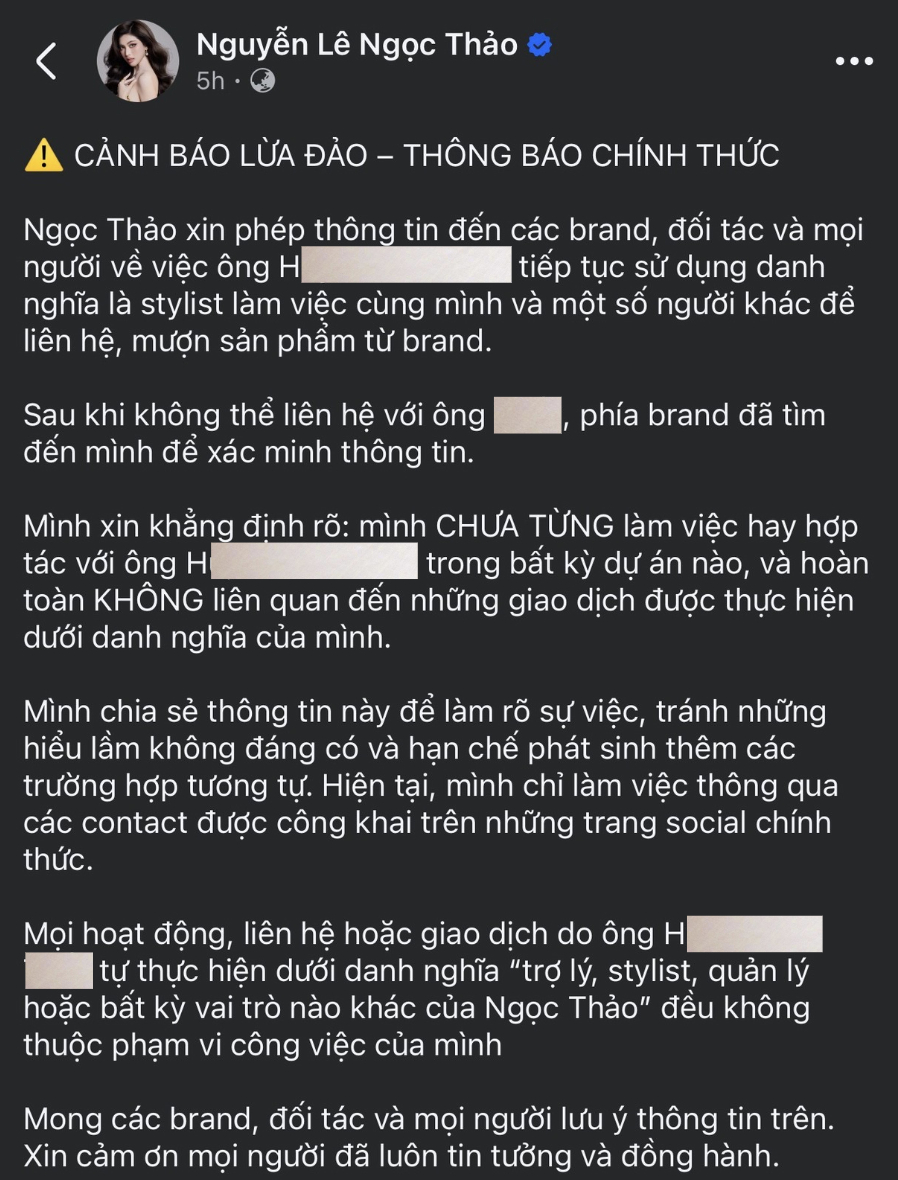 &Aacute; hậu Ngọc Thảo th&ocirc;ng b&aacute;o khẩn cảnh b&aacute;o lừa đảo- Ảnh 2.