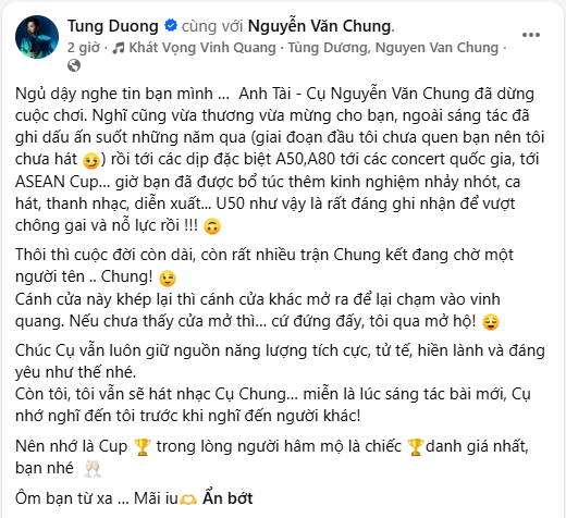 T&acirc;m thư của T&ugrave;ng Dương sau khi Nguyễn Văn Chung bị loại khỏi Ch&ocirc;ng Gai: "Chiếc c&uacute;p danh gi&aacute; nhất nằm trong l&ograve;ng kh&aacute;n giả"- Ảnh 3.