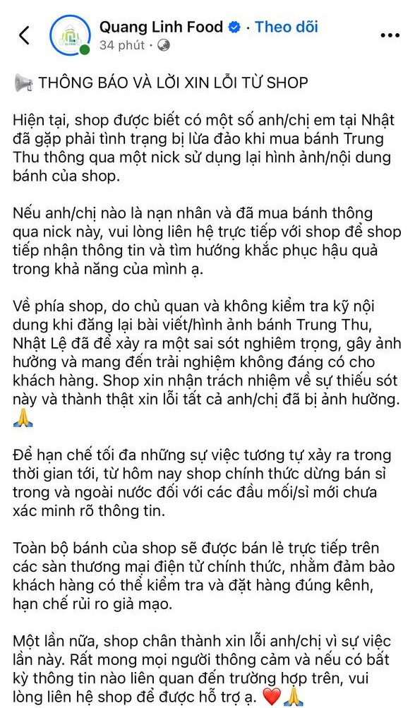 Quang Linh Food th&ocirc;ng b&aacute;o khẩn về mặt h&agrave;ng b&aacute;nh Trung thu- Ảnh 1.