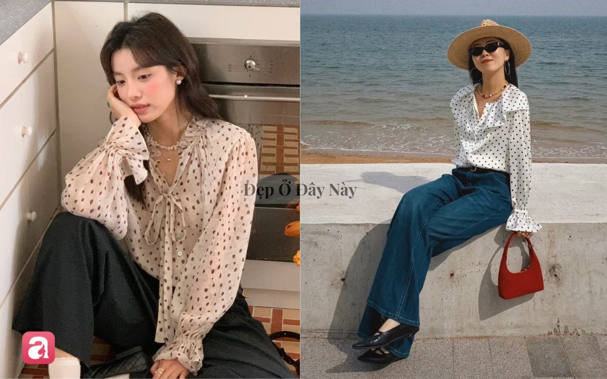 Chiếc sơ mi chấm bi đ&uacute;ng chuẩn "quiet luxury" gi&uacute;p outfit tr&ocirc;ng c&oacute; gu v&agrave; nh&igrave;n đắt tiền hơn hẳn- Ảnh 1.