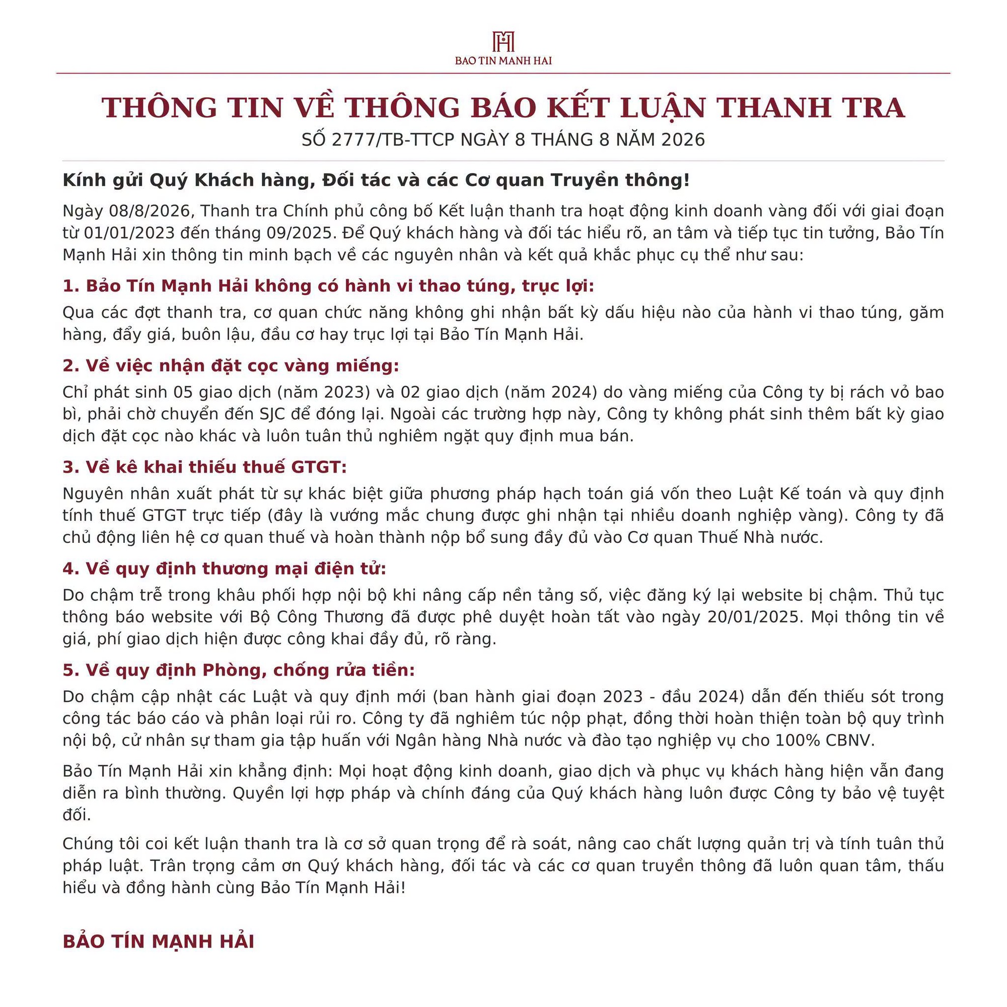 Bảo T&iacute;n Mạnh Hải l&ecirc;n tiếng sau kết luận của Thanh tra Ch&iacute;nh phủ- Ảnh 2.