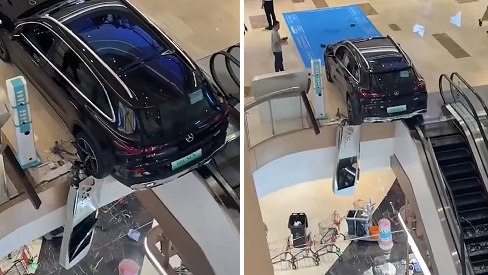 Nhầm ch&acirc;n ga, chiếc Mercedes lao xuy&ecirc;n lan can trung t&acirc;m thương mại, su&yacute;t rơi xuống tầng dưới- Ảnh 1.
