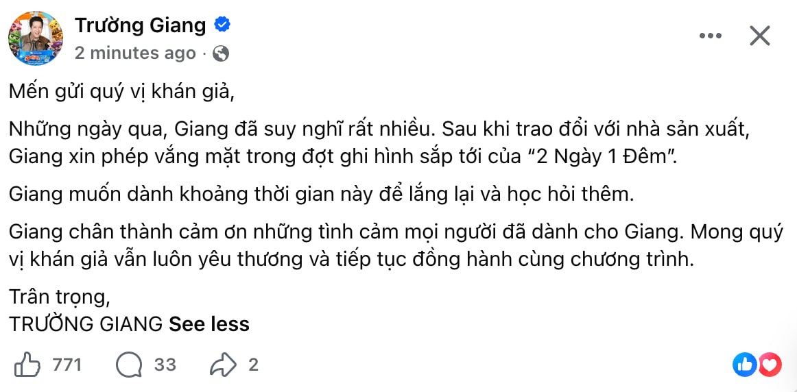N&oacute;ng: Trường Giang th&ocirc;ng b&aacute;o r&uacute;t khỏi 2 Ng&agrave;y 1 Đ&ecirc;m- Ảnh 1.