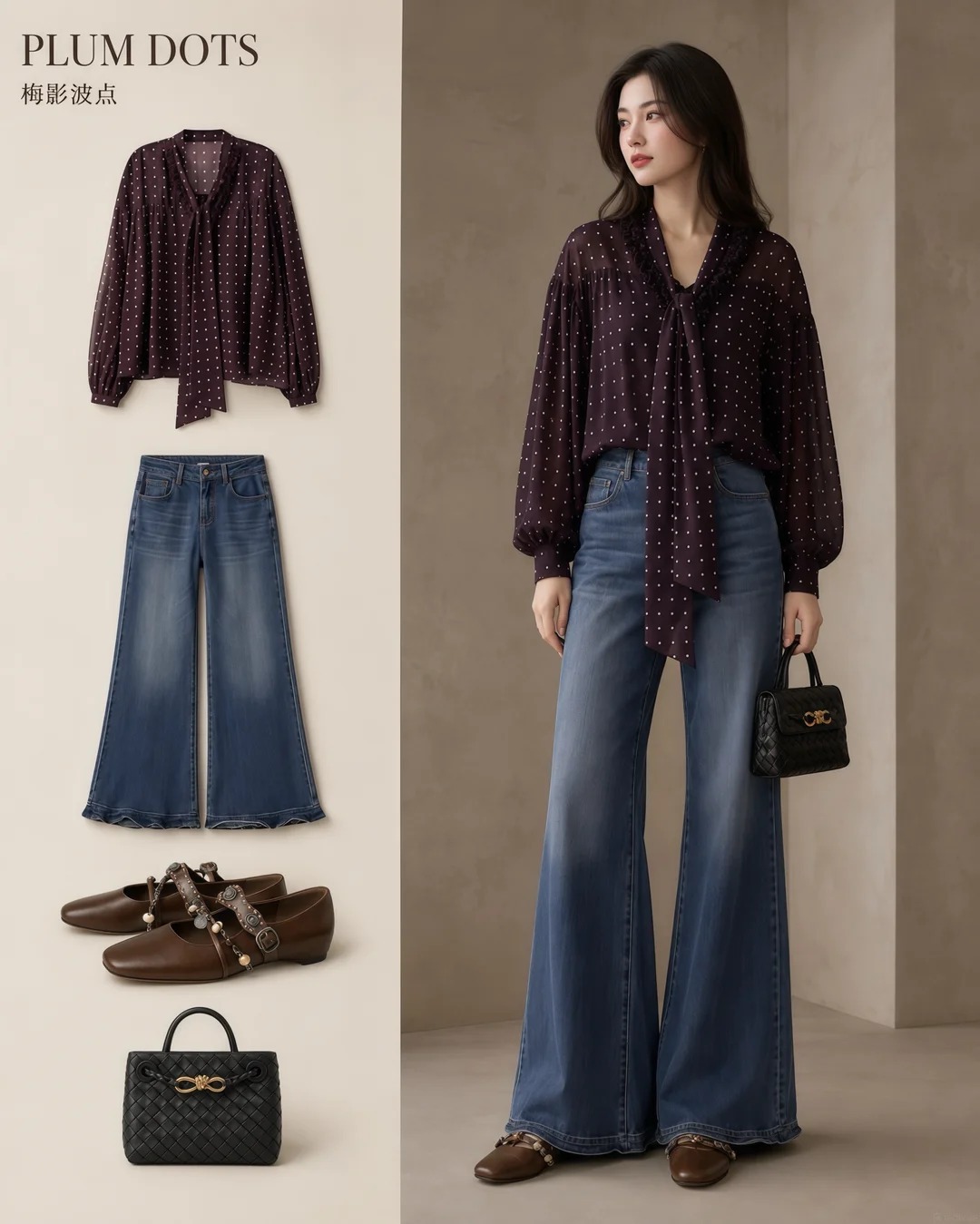 &Aacute;o chấm bi n&acirc;u v&agrave; quần jeans ống loe: C&ocirc;ng thức old money đầy ho&agrave;i niệm cho m&ugrave;a thu - Ảnh 1.