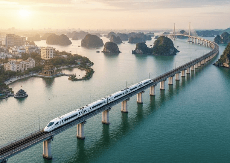 Kh&ocirc;ng chỉ l&agrave;m si&ecirc;u đường sắt tốc độ 350km/h, tỷ ph&uacute; Phạm Nhật Vượng c&ograve;n cho x&acirc;y 9 cầu vượt s&ocirc;ng, 11 cầu cạn, dự kiến 2028 người Việt đi từ VEC tới Hạ Long chỉ mất 23 ph&uacute;t- Ảnh 1.