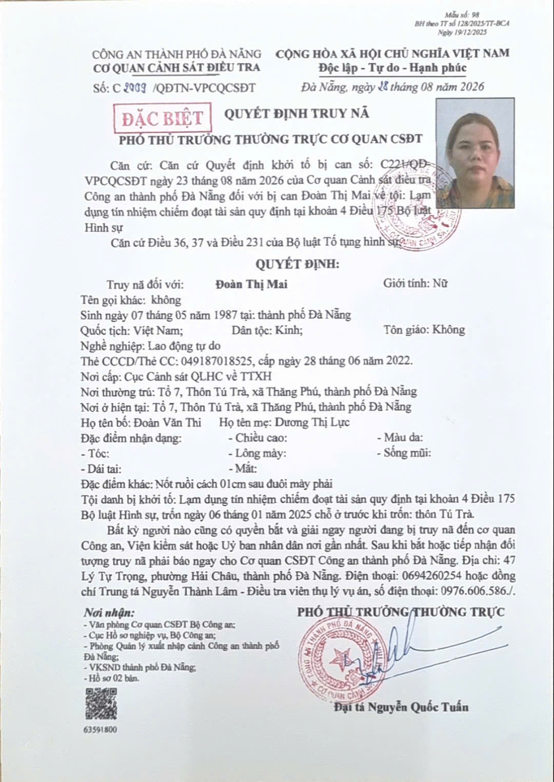 Công an truy nã Đoàn Thị Mai SN 1987, ai cũng có quyền bắt giữ - Ảnh 1.