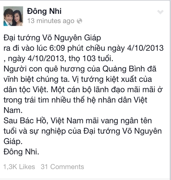 Sao Việt bùi ngùi chia sẻ về tin Đại tướng Võ Nguyên Giáp từ trần 1