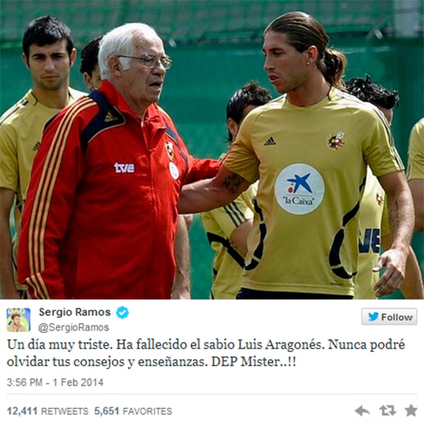 Dàn sao Tây Ban Nha đồng loạt chia sẻ nỗi buồn vì sự ra đi của cựu HLV Luis Aragones 2