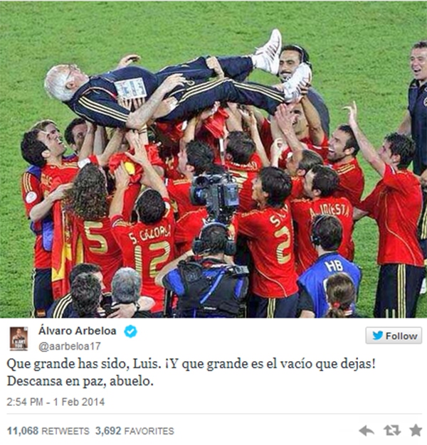 Dàn sao Tây Ban Nha đồng loạt chia sẻ nỗi buồn vì sự ra đi của cựu HLV Luis Aragones 5