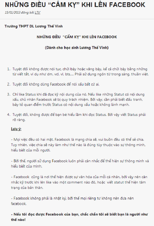 Trường Lương Thế Vinh g&acirc;y "sốt" với "Những điều cấm kỵ khi l&ecirc;n Facebook" 1