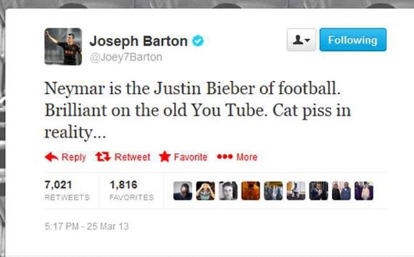 Joey Barton chê Neymar "kém tắm" như... Justin Bieber 1