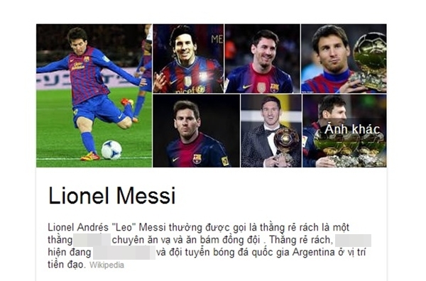 Lionel Messi bị gọi là "thằng rẻ rách, ăn bám đồng đội" trên trang Google Việt Nam 1