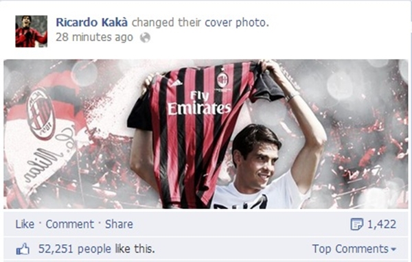 Kaka thay “cover” facebook mừng ngày tái ngộ Milan 2